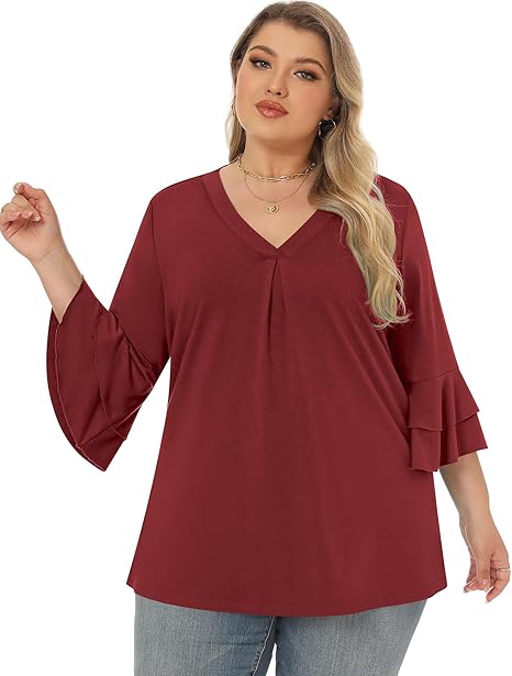 Rapbin women's XL red blouse with bell sleeves and a V-neck for casual style