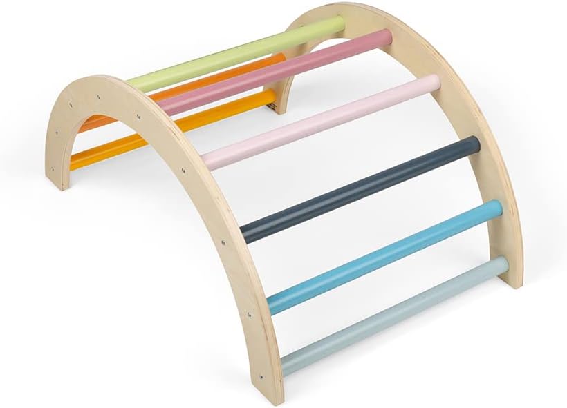Bigjigs Toys wooden arched climbing frame with colourful wooden bars for children's play and development
