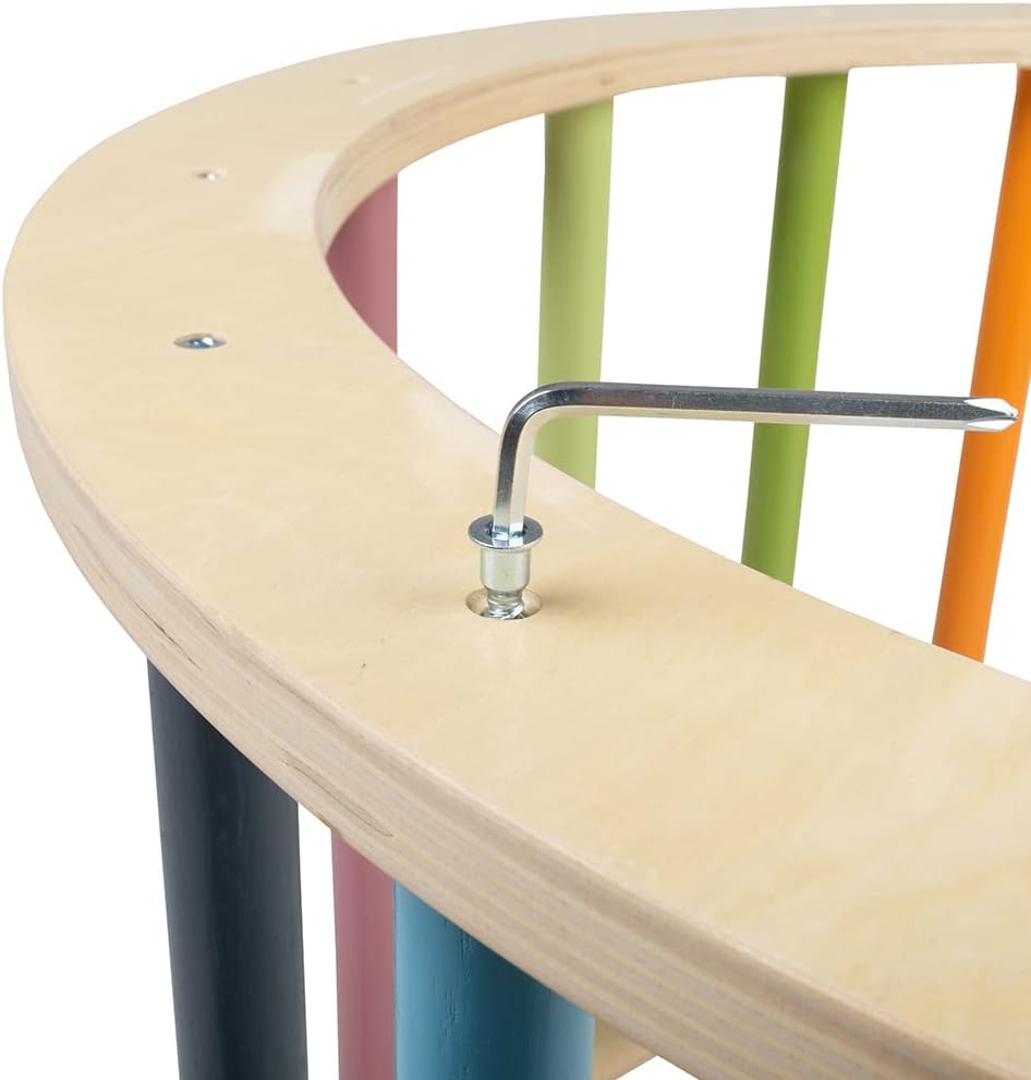 Close-up of Bigjigs Toys wooden arched climbing frame highlighting colourful bars and assembly details