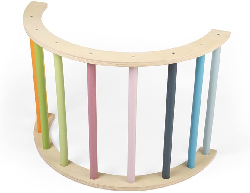 Bigjigs Toys wooden arched climbing frame for children with colourful support poles