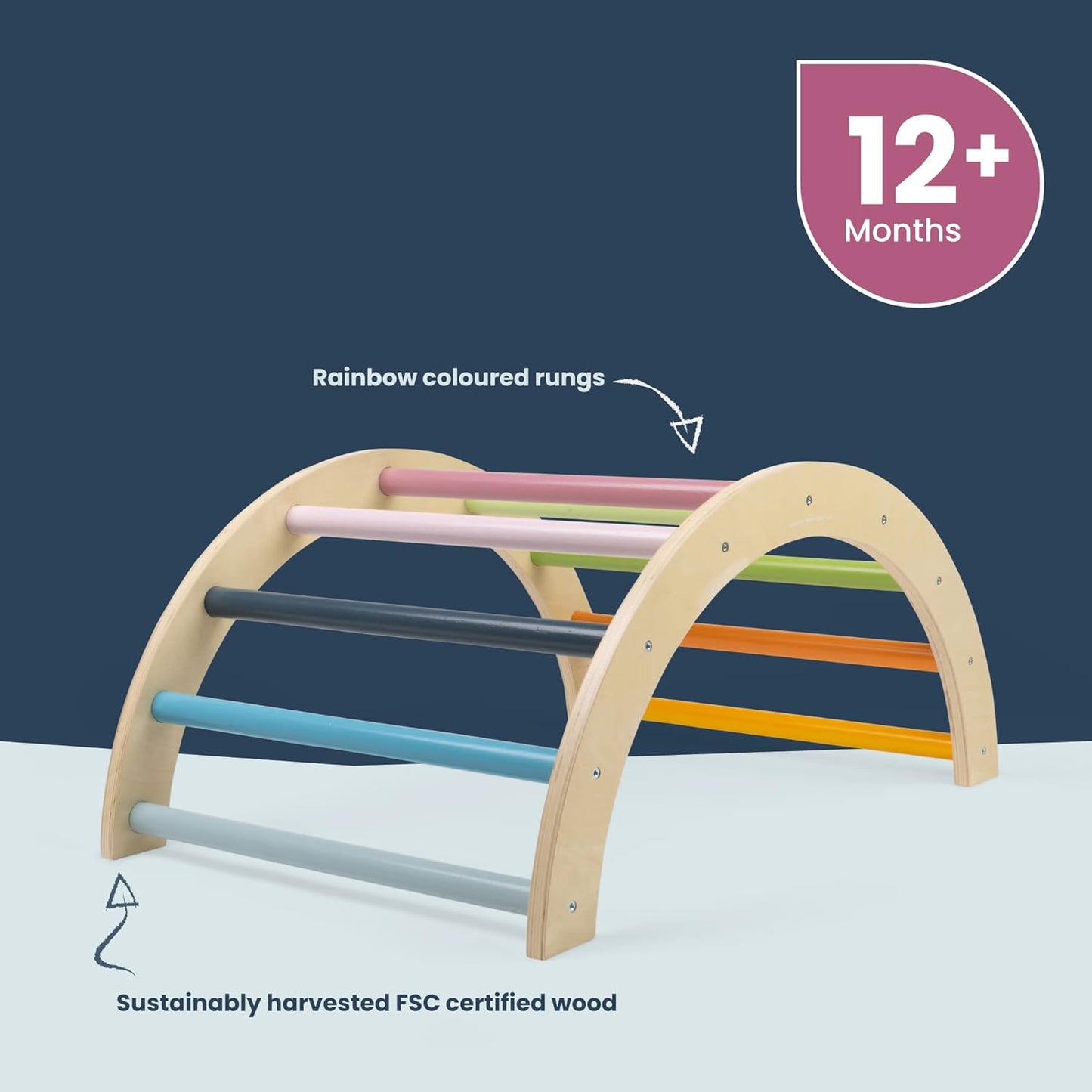 Bigjigs Toys wooden arched climbing frame with rainbow coloured rungs for children aged 12 months plus