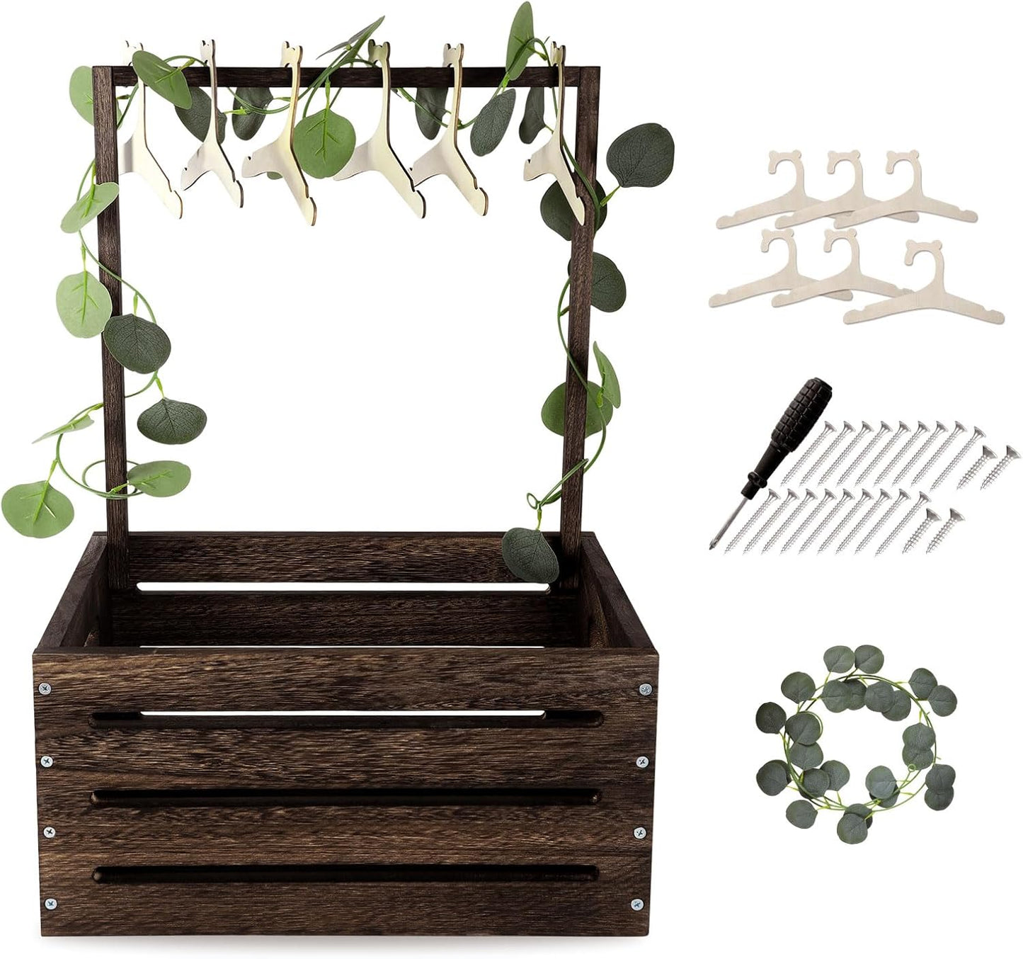 Aitakatta wooden baby gift basket with decorative hooks and artificial greenery for baby essentials