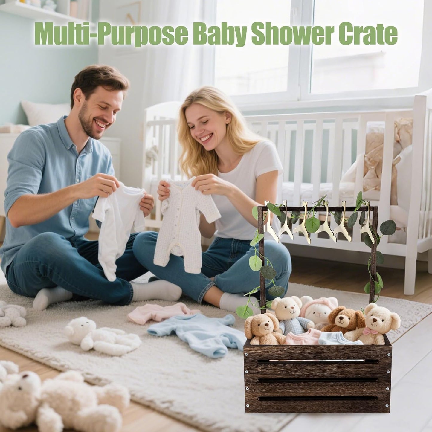 Wooden baby gift basket featuring clothes and plush toys for newborns in a nursery setting