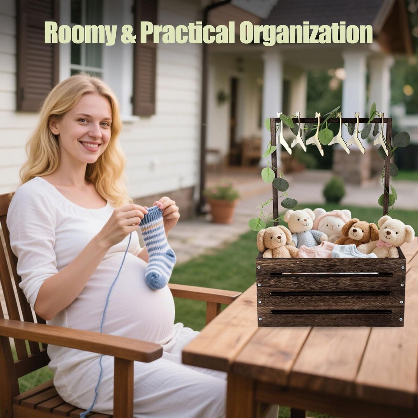Wooden baby gift basket filled with soft toys and baby essentials for a thoughtful present
