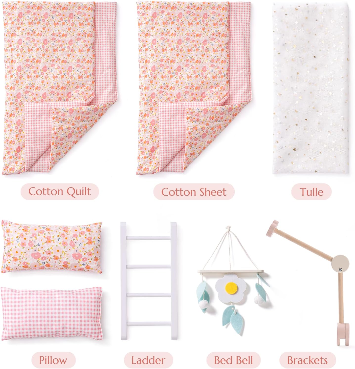 Wooden doll bunk bed for 18 inch dolls featuring floral bedding, pillows, ladder, and bed bell accessories