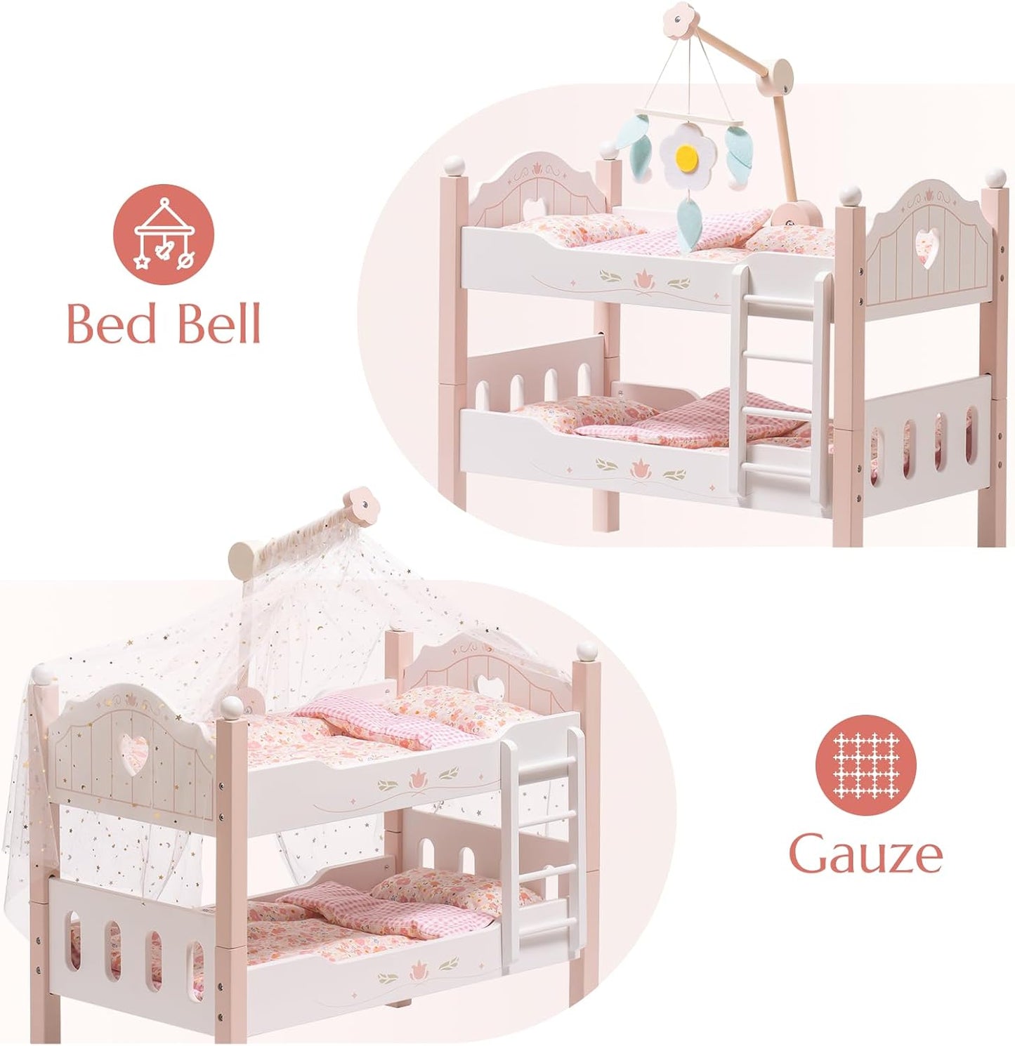 Robotime wooden doll bunk bed for 18 inch dolls featuring a bed bell and gauze canopy