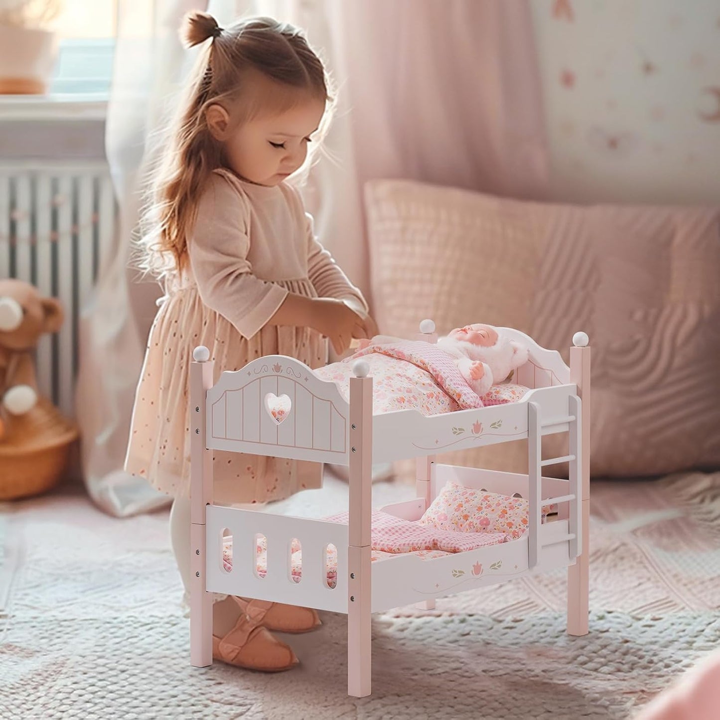 Wooden doll bunk bed for 18 inch dolls featuring pink bedding and a charming design