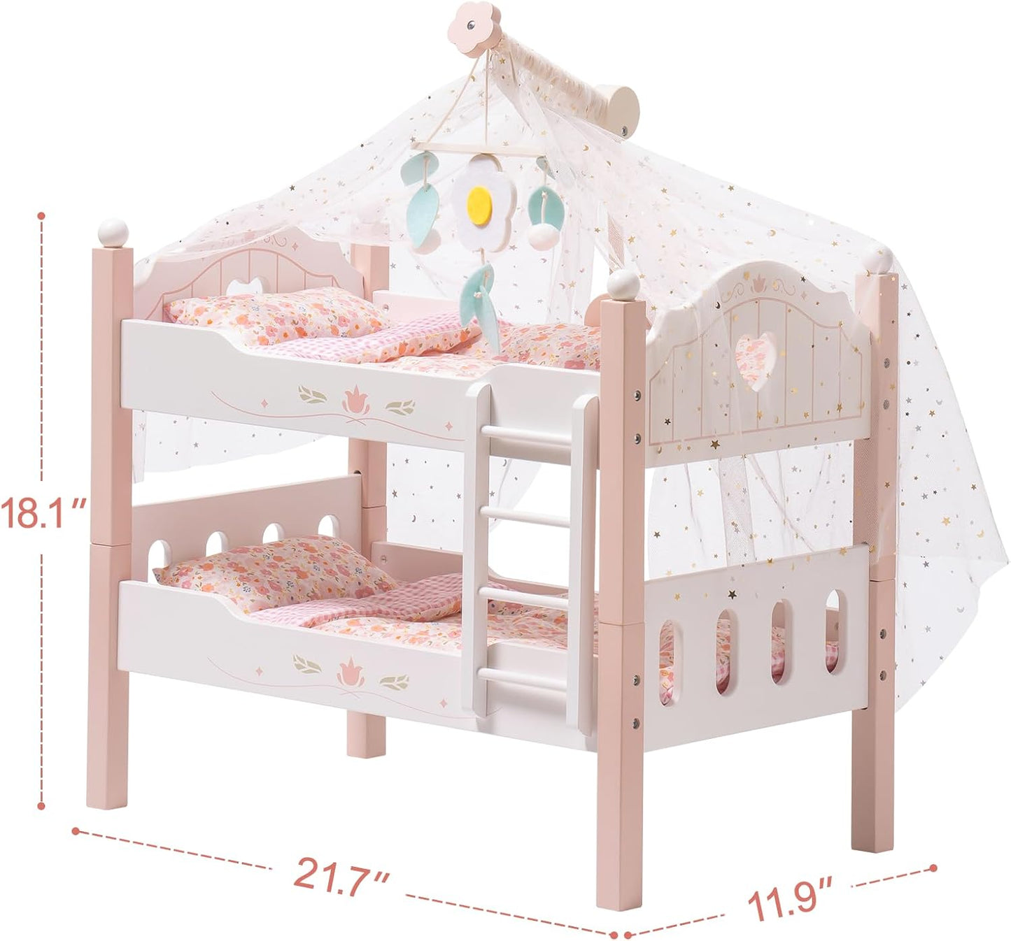Robotime wooden doll bunk bed for 18 inch dolls with a canopy and vibrant bedding