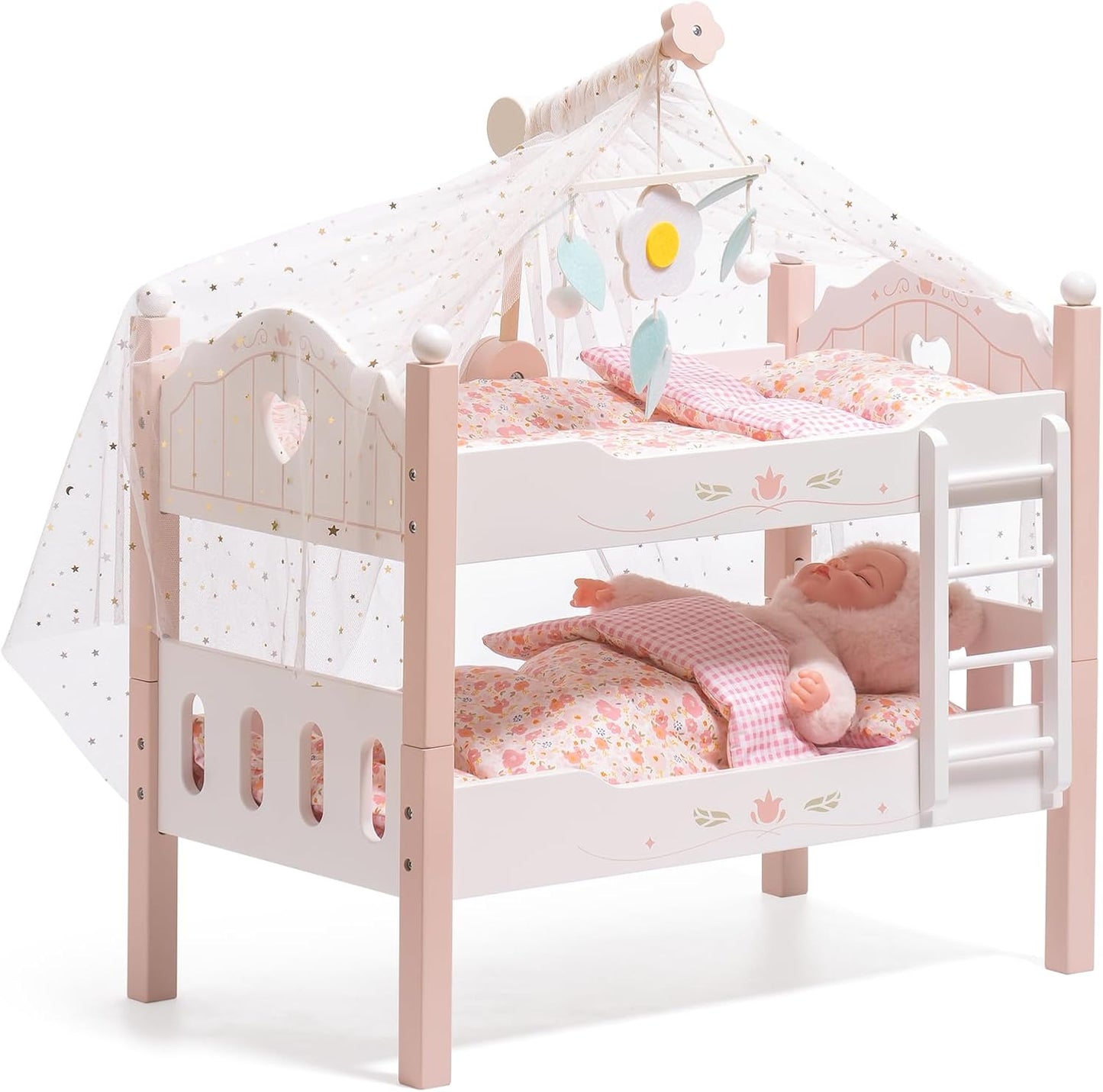 Robotime wooden doll bunk bed for 18 inch dolls with a canopy and floral bedding