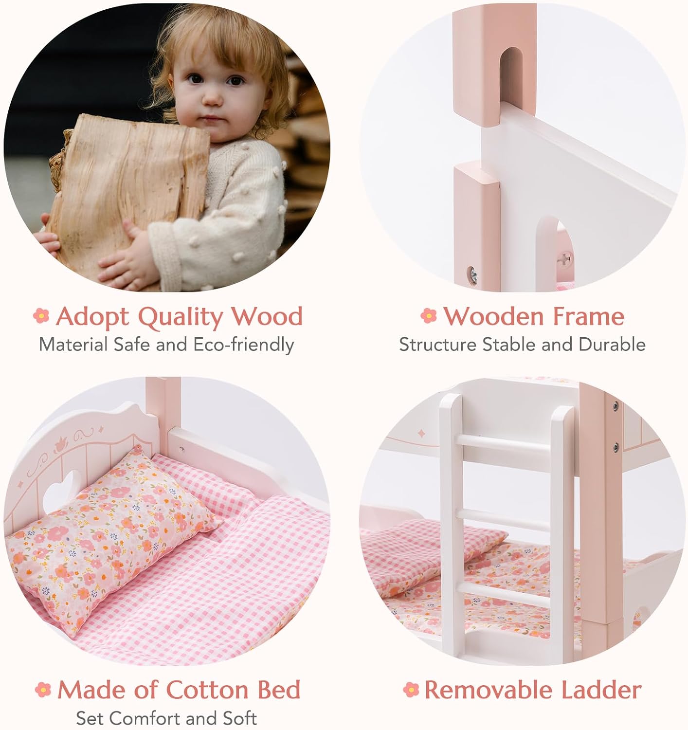 Robotime wooden doll bunk bed for 18 inch dolls featuring eco-friendly wood and removable ladder
