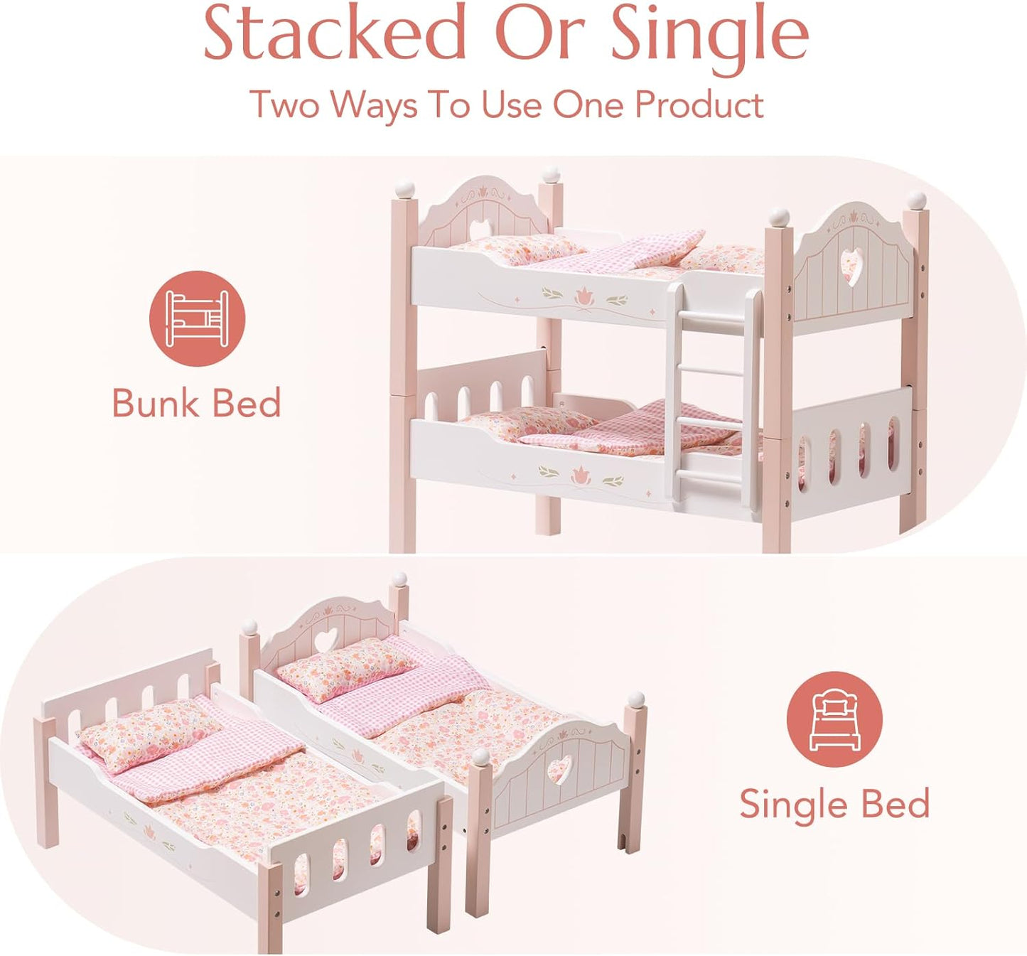 Robotime wooden doll bunk bed for 18 inch dolls in stacked and single configurations with pink bedding