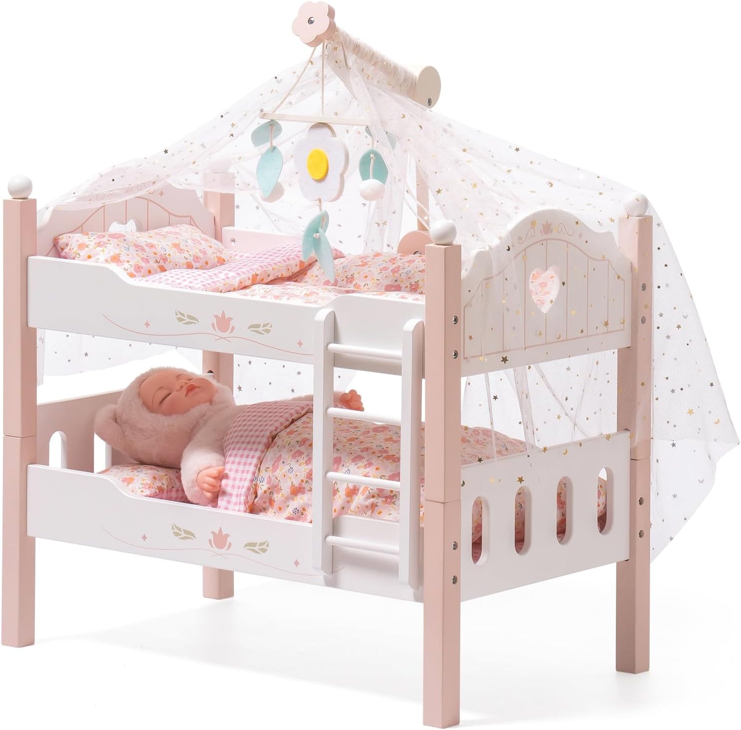 Robotime wooden doll bunk bed for 18 inch dolls with soft bedding and canopy