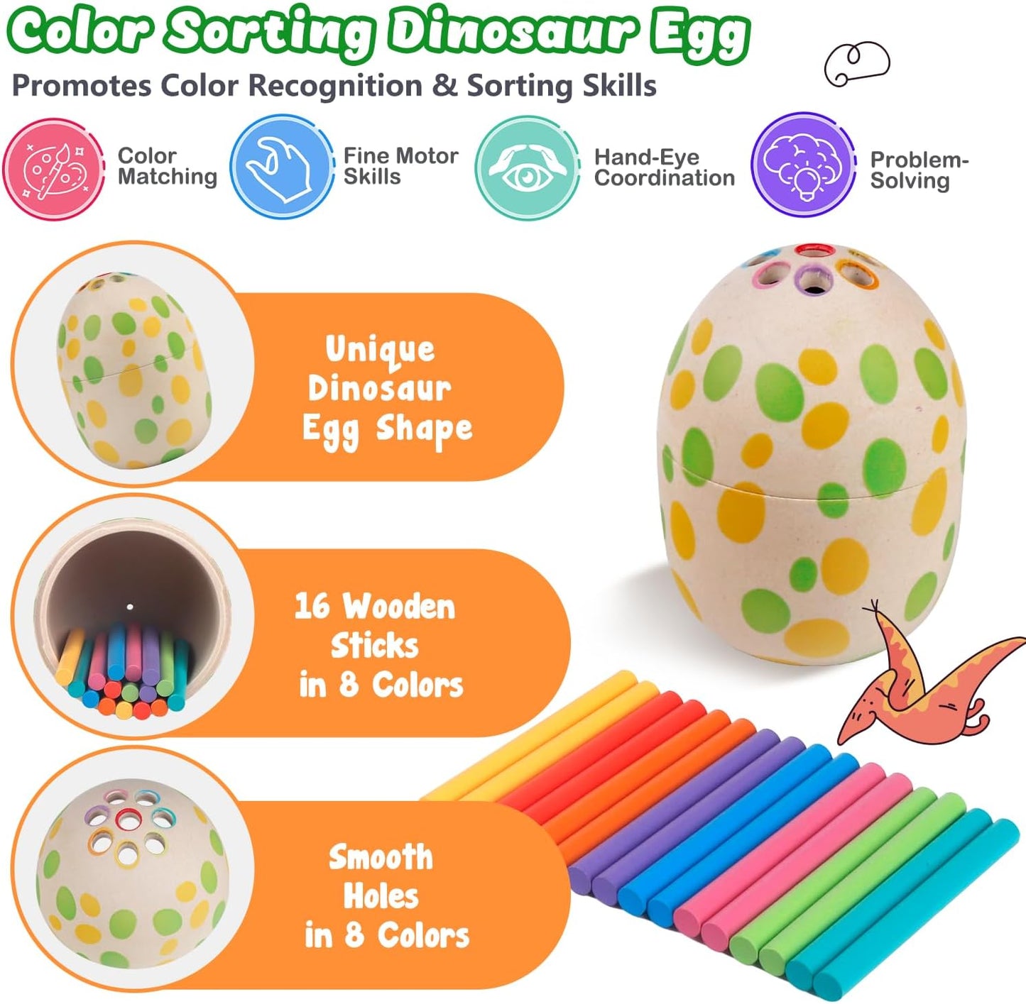 Colourful Wooden Montessori Toys for Toddlers featuring a dinosaur egg and sorting sticks in various colours