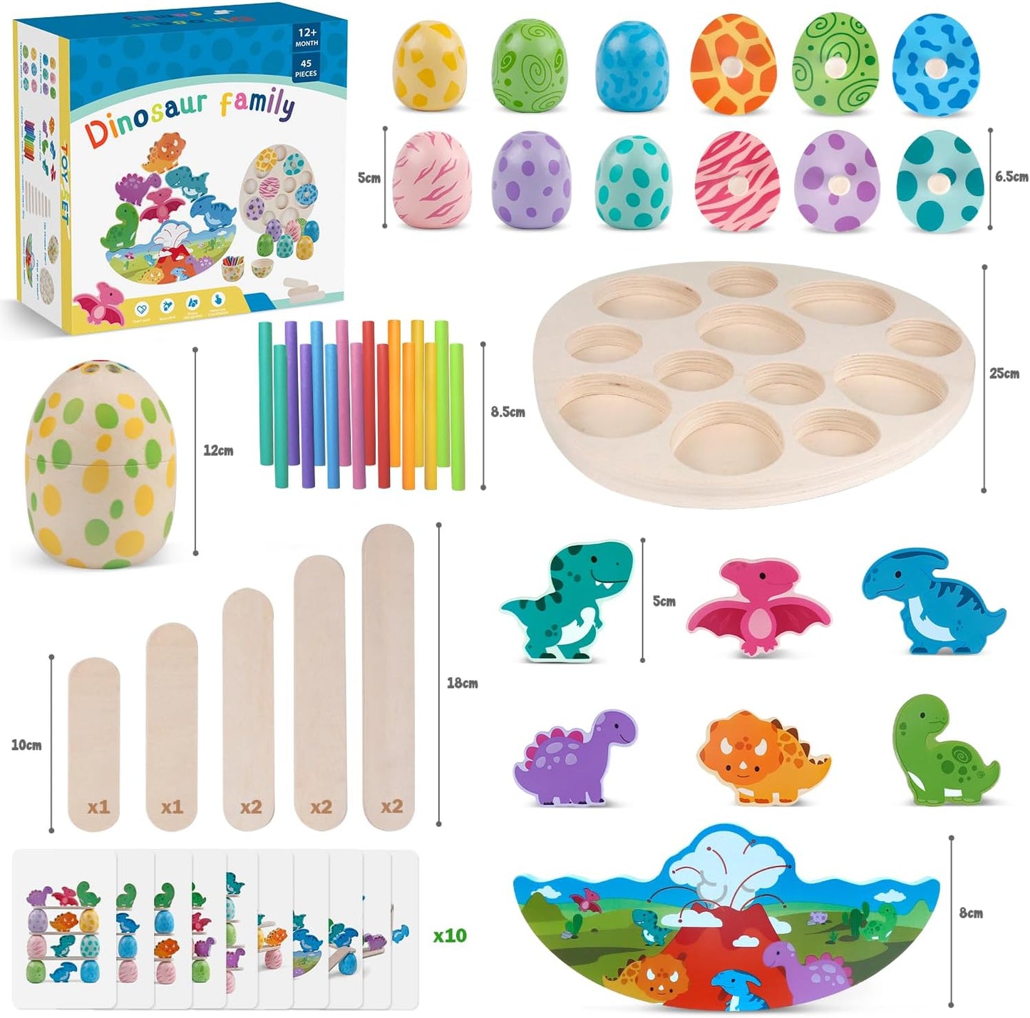 Aliex Wooden Montessori toys for toddlers, featuring colourful dinosaur eggs and sorting activities