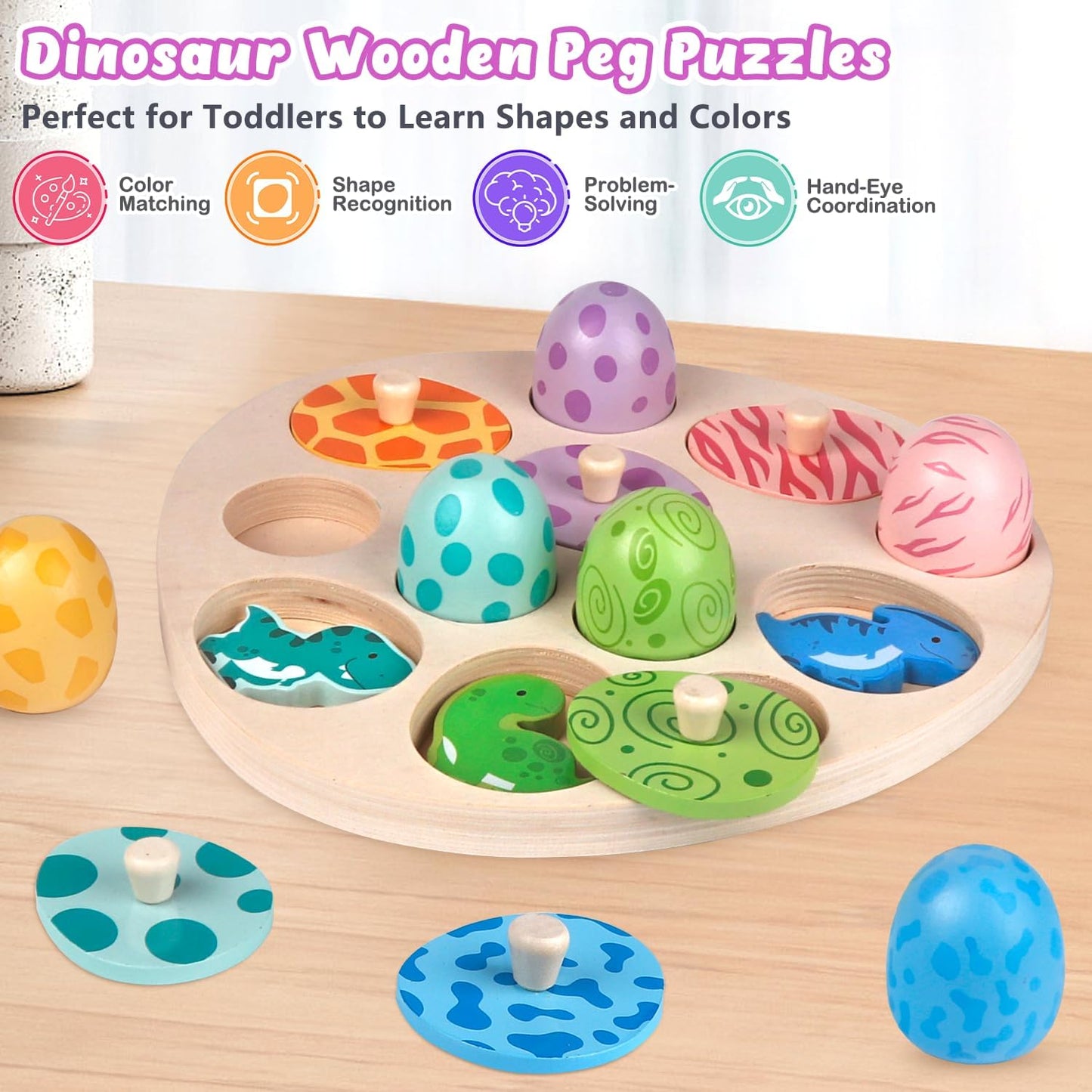 Dinosaur wooden Montessori toys for toddlers featuring colourful peg puzzles for learning shapes and colours