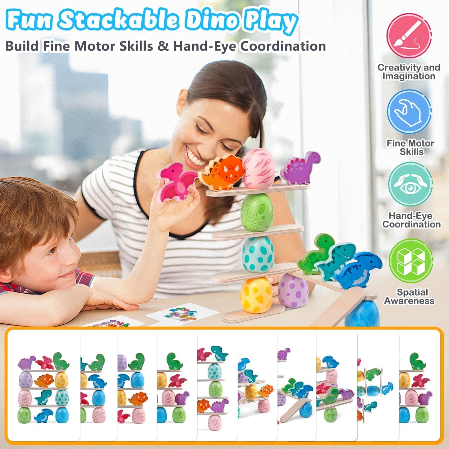 Aliex Fun Stackable Dino Play Set, colourful wooden Montessori toys for toddlers promoting fine motor skills