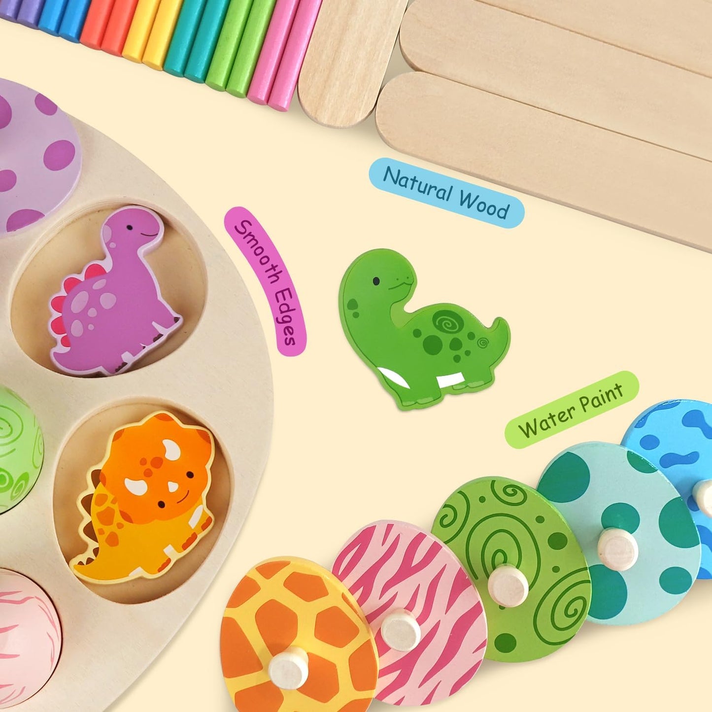 Colourful wooden Montessori toys for toddlers featuring dinosaur shapes and smooth edges