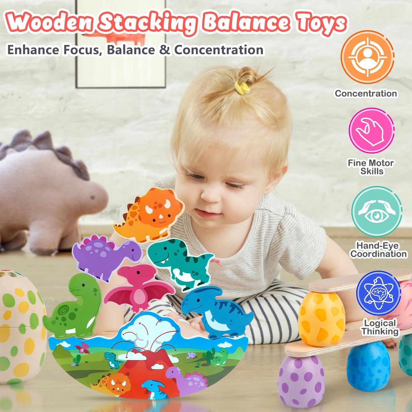 Child playing with colourful wooden Montessori toys for toddlers to enhance balance and concentration skills