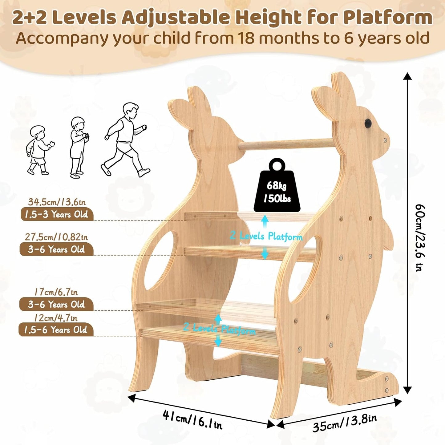 BueDeHai wooden toddler step stool with adjustable height and two levels for easy access