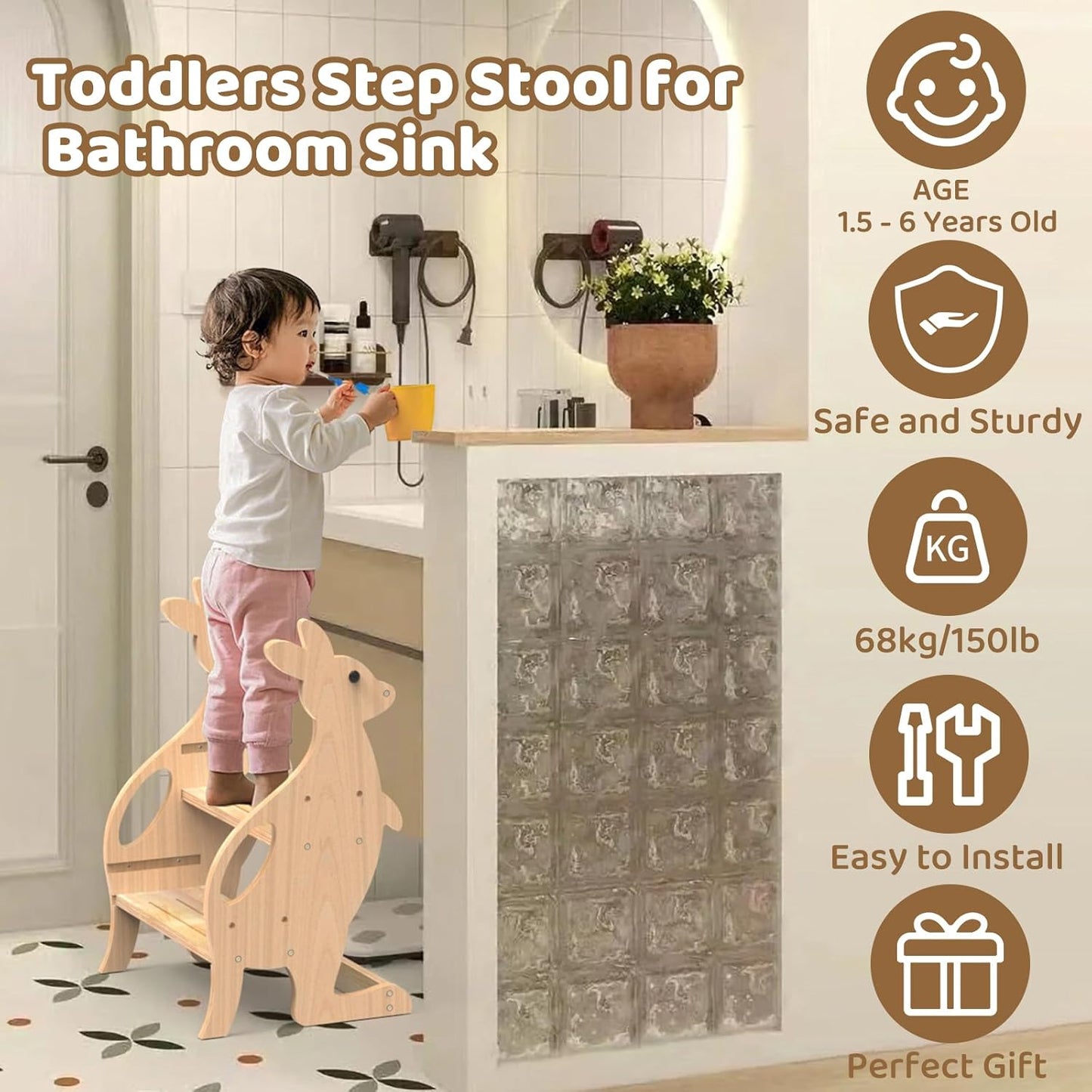 BueDeHai wooden toddler step stool designed for safe use at bathroom sinks by young children