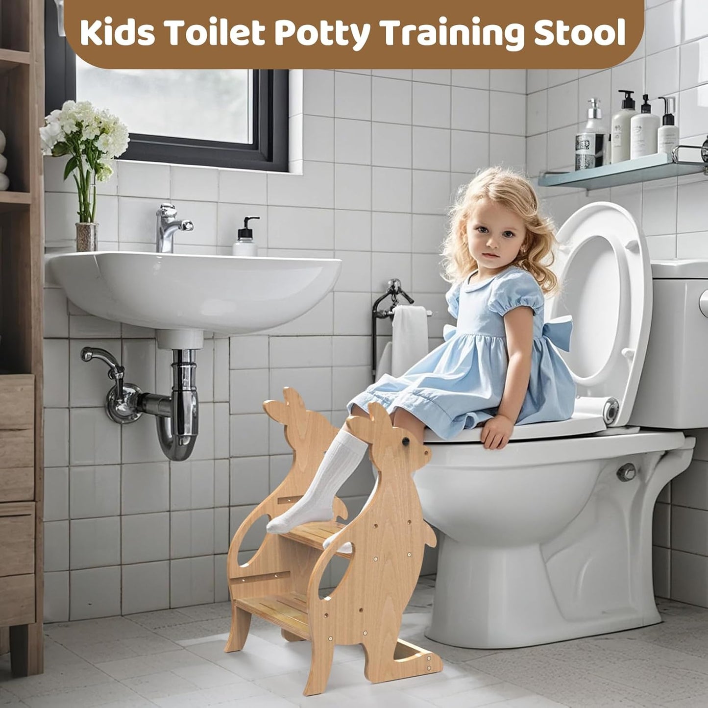 BueDeHai wooden toddler step stool for potty training in a stylish bathroom setting