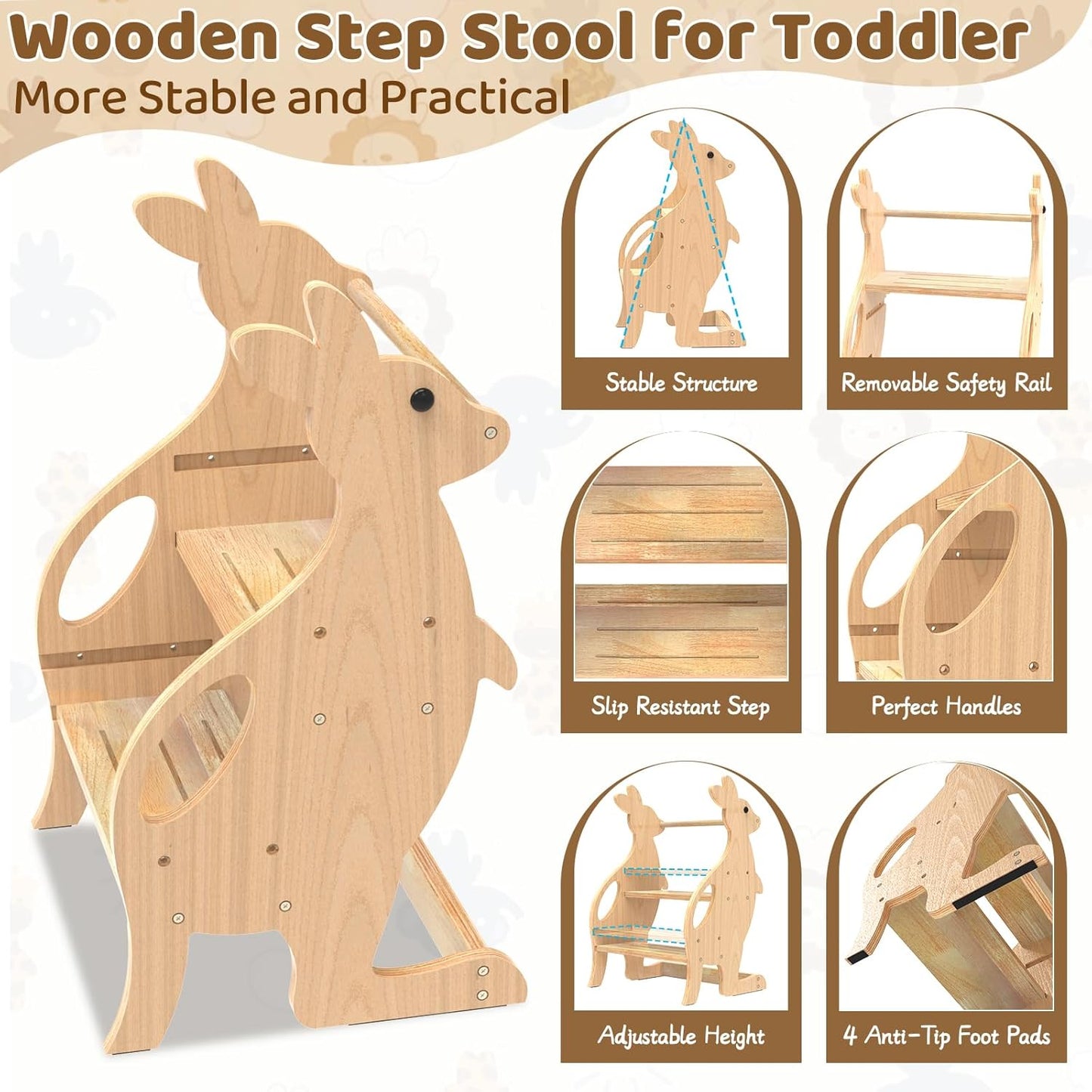 BueDeHai wooden toddler step stool with stable structure, removable safety rail and anti-tip foot pads