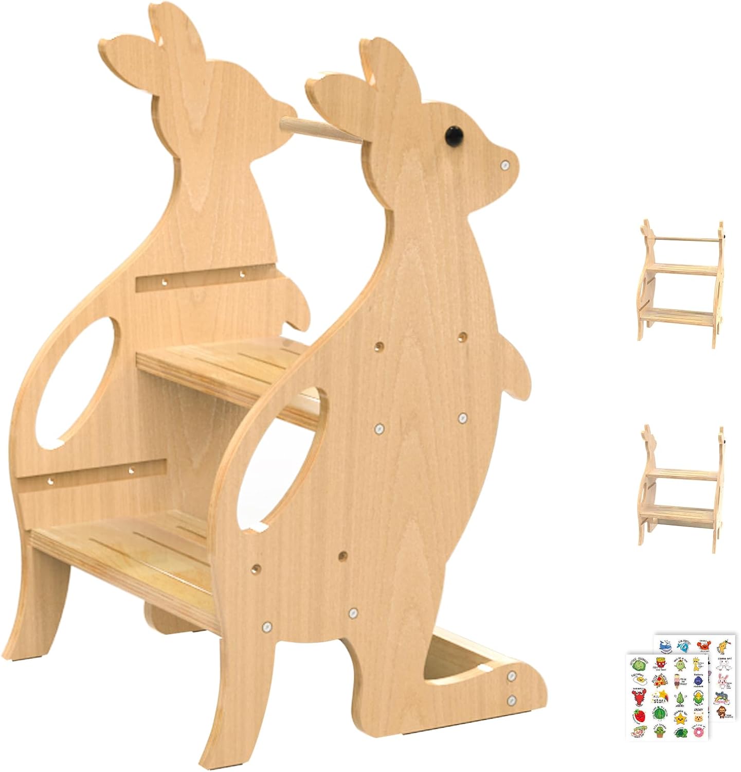 BueDeHai wooden toddler step stool shaped like a bunny with two steps for easy reach