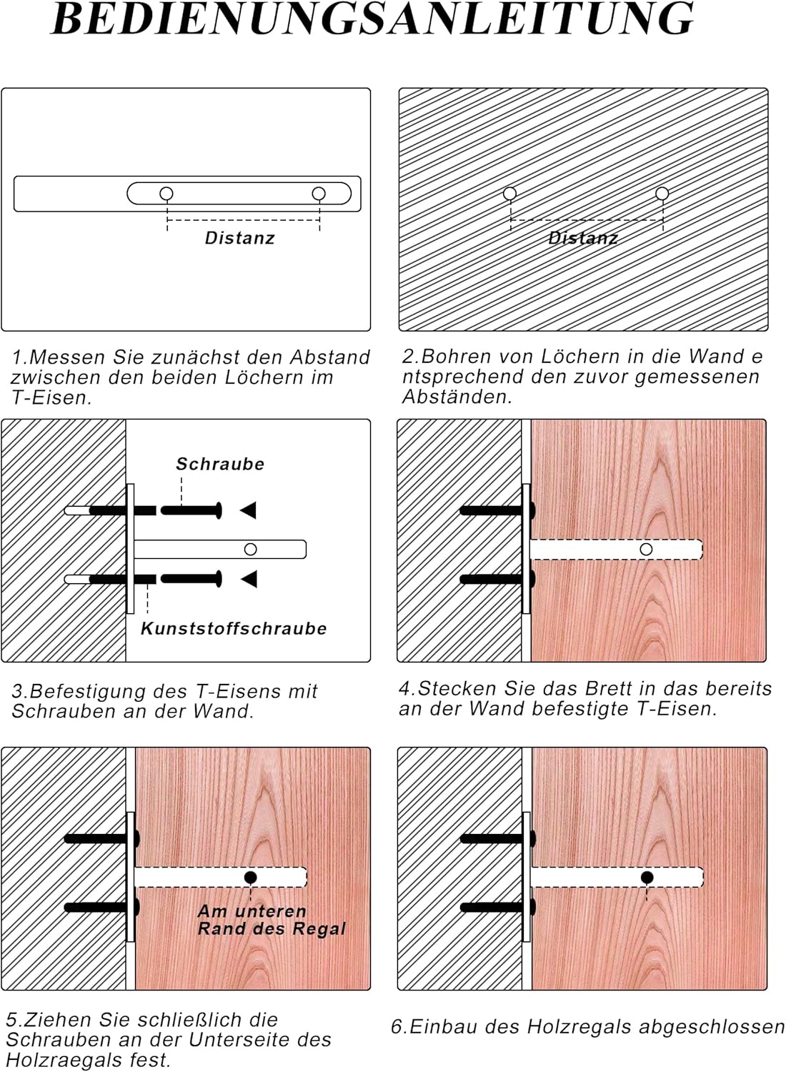Installation guide for wooden wall shelf for Tonies with step-by-step illustrations