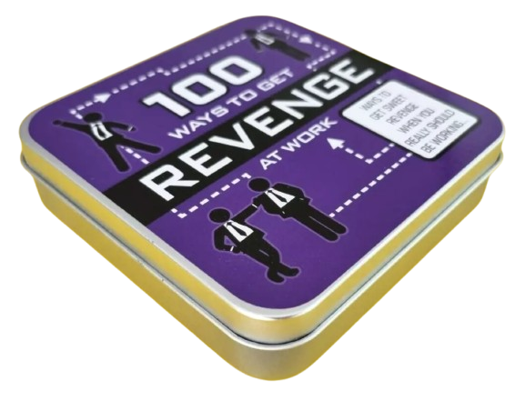 100 Ways to Get Revenge at Work book in a stylish tin box by Loncraine Broxton for the workplace revenge guide