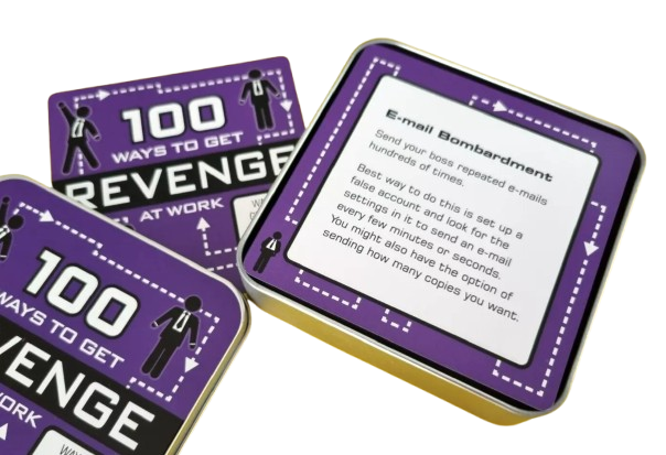 Loncraine Broxton's workplace revenge guide with 100 ways to get revenge at work cards