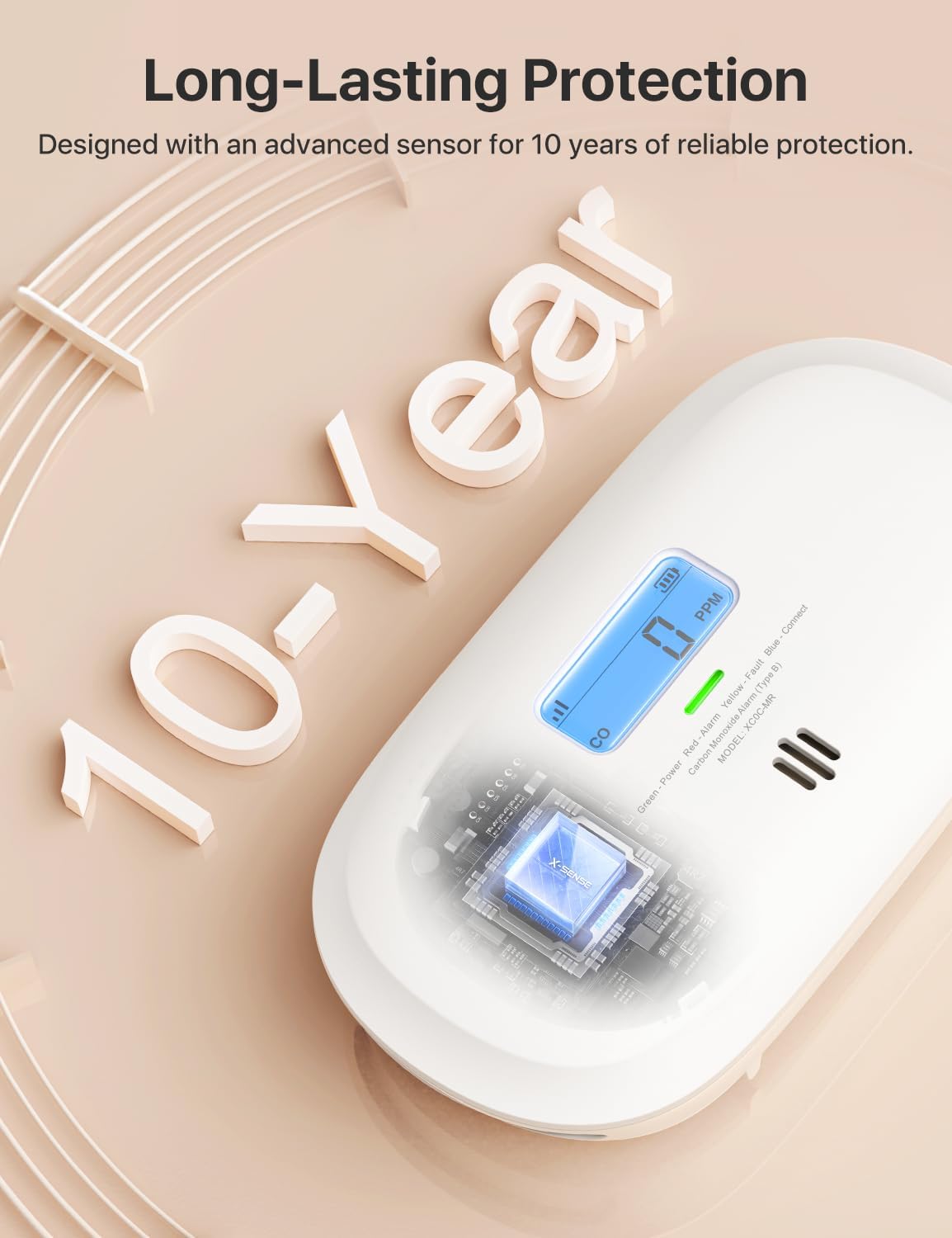 X-Sense carbon monoxide detector with base station featuring advanced sensor design for 10 years of protection