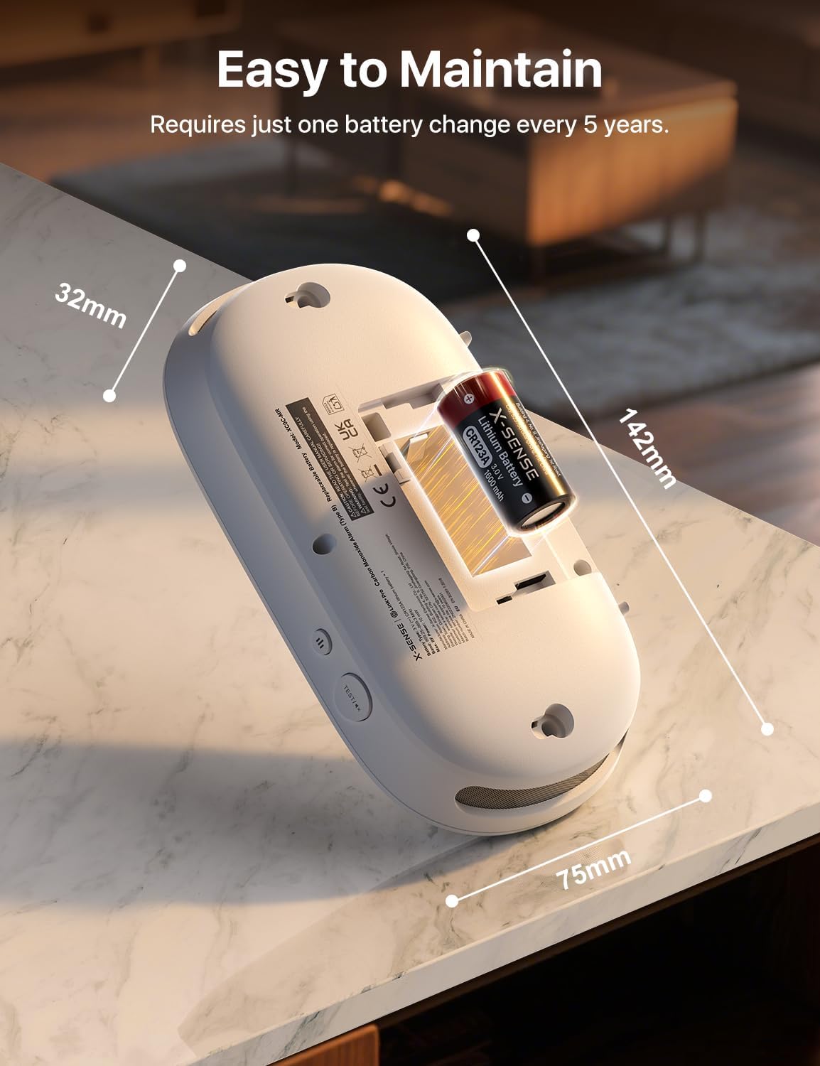 X-Sense carbon monoxide detector with base station showing easy maintenance features and battery compartment