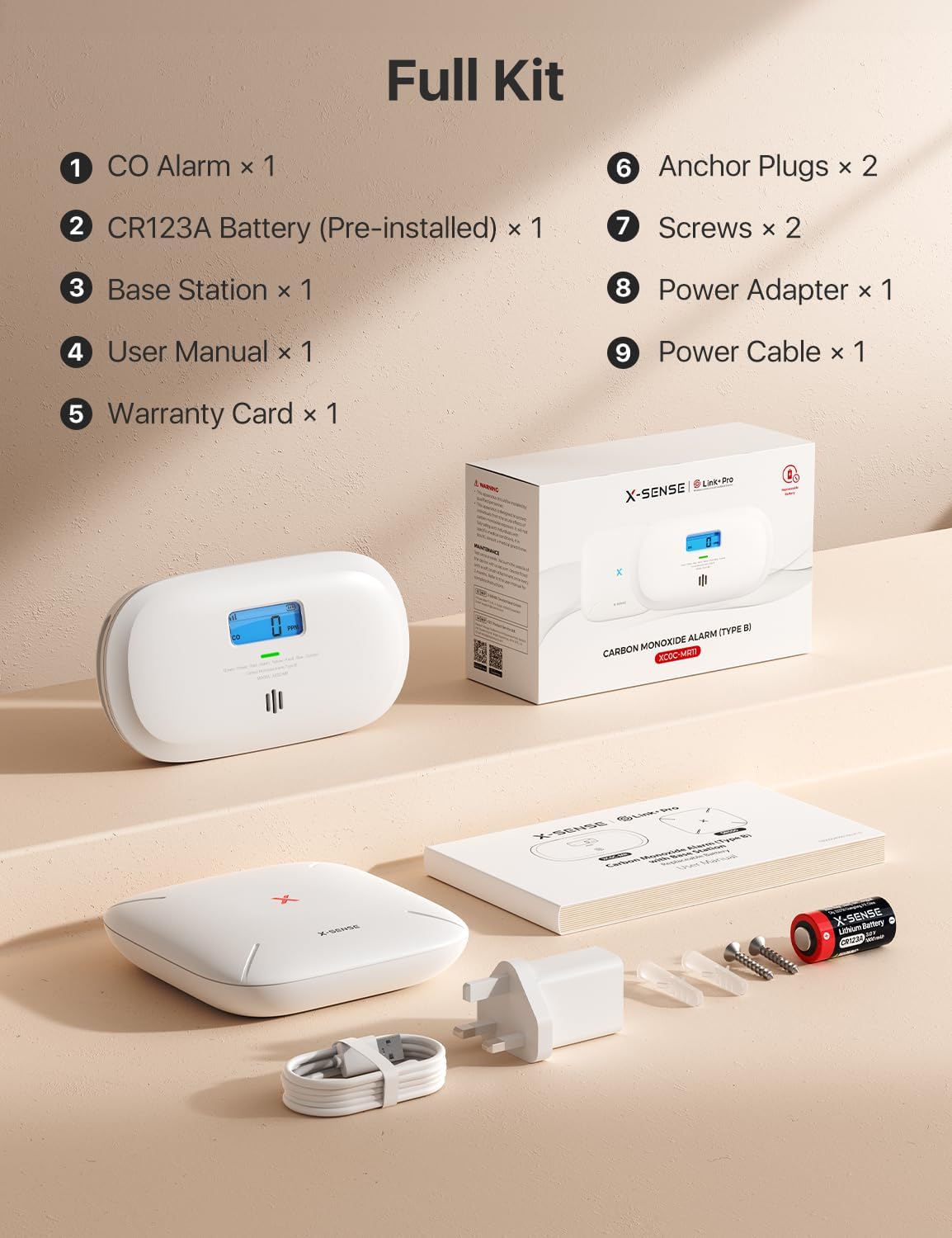 X-Sense carbon monoxide detector with base station full kit including accessories and user manual