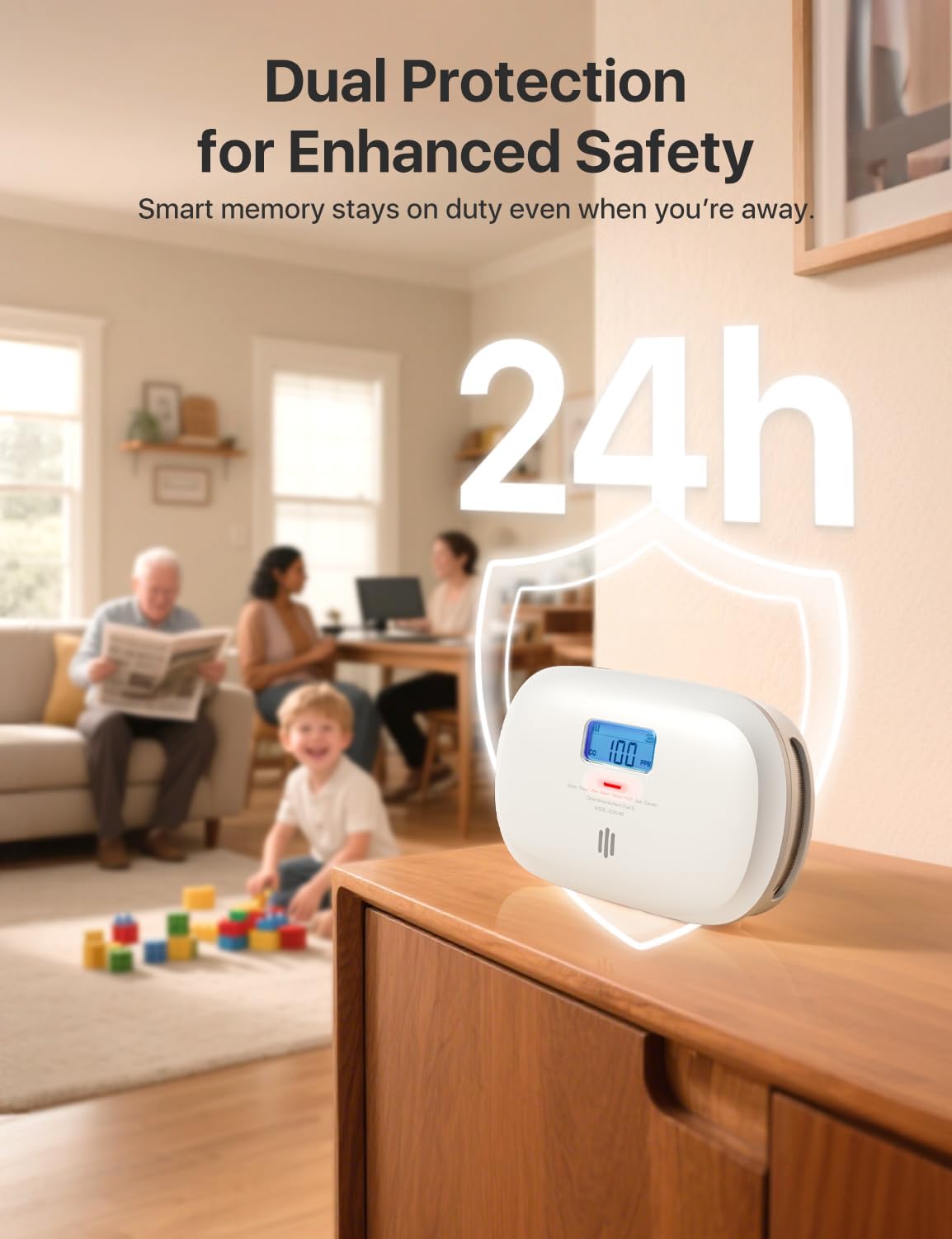 X-Sense carbon monoxide detector with base station, ensuring safety with 24-hour monitoring in a home setting