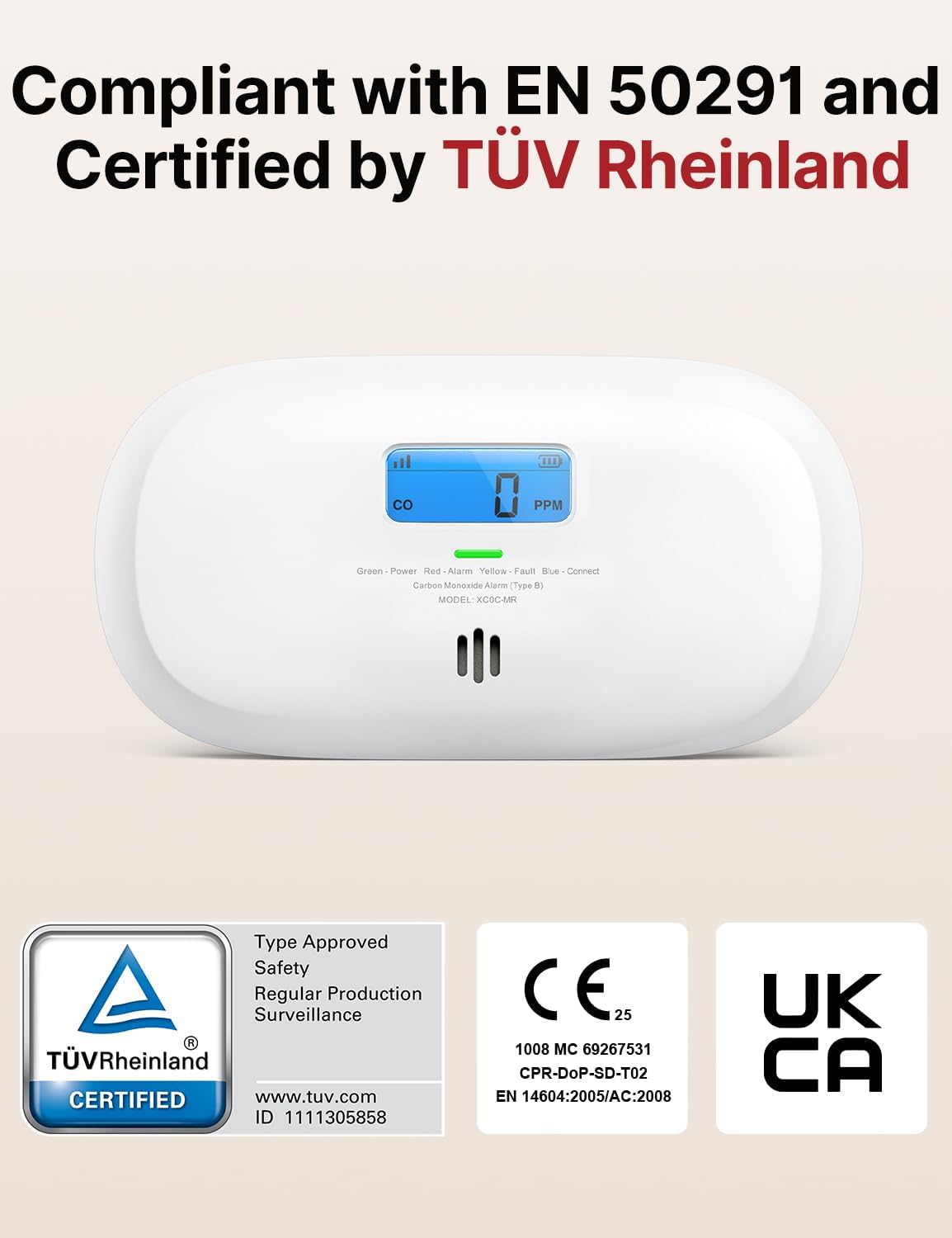 X-Sense carbon monoxide detector with base station, certified safe and compliant with EN 50291 standards