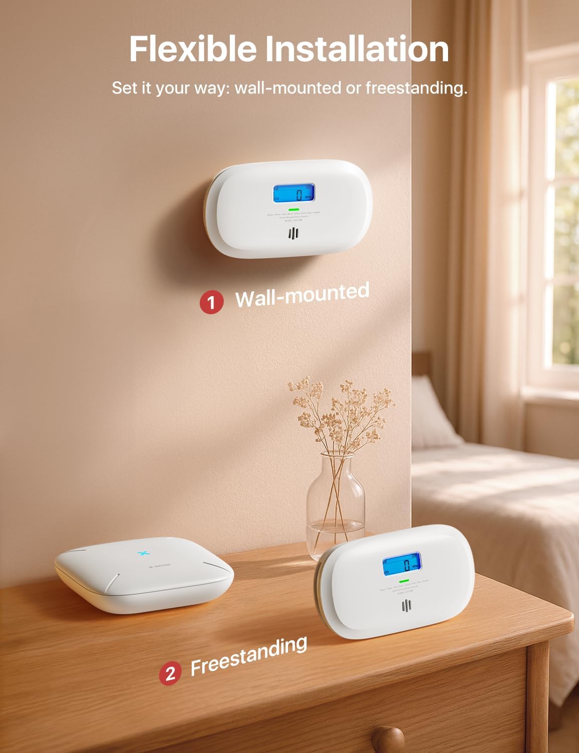 X-Sense carbon monoxide detector with base station, showcasing wall-mounted and freestanding installation options