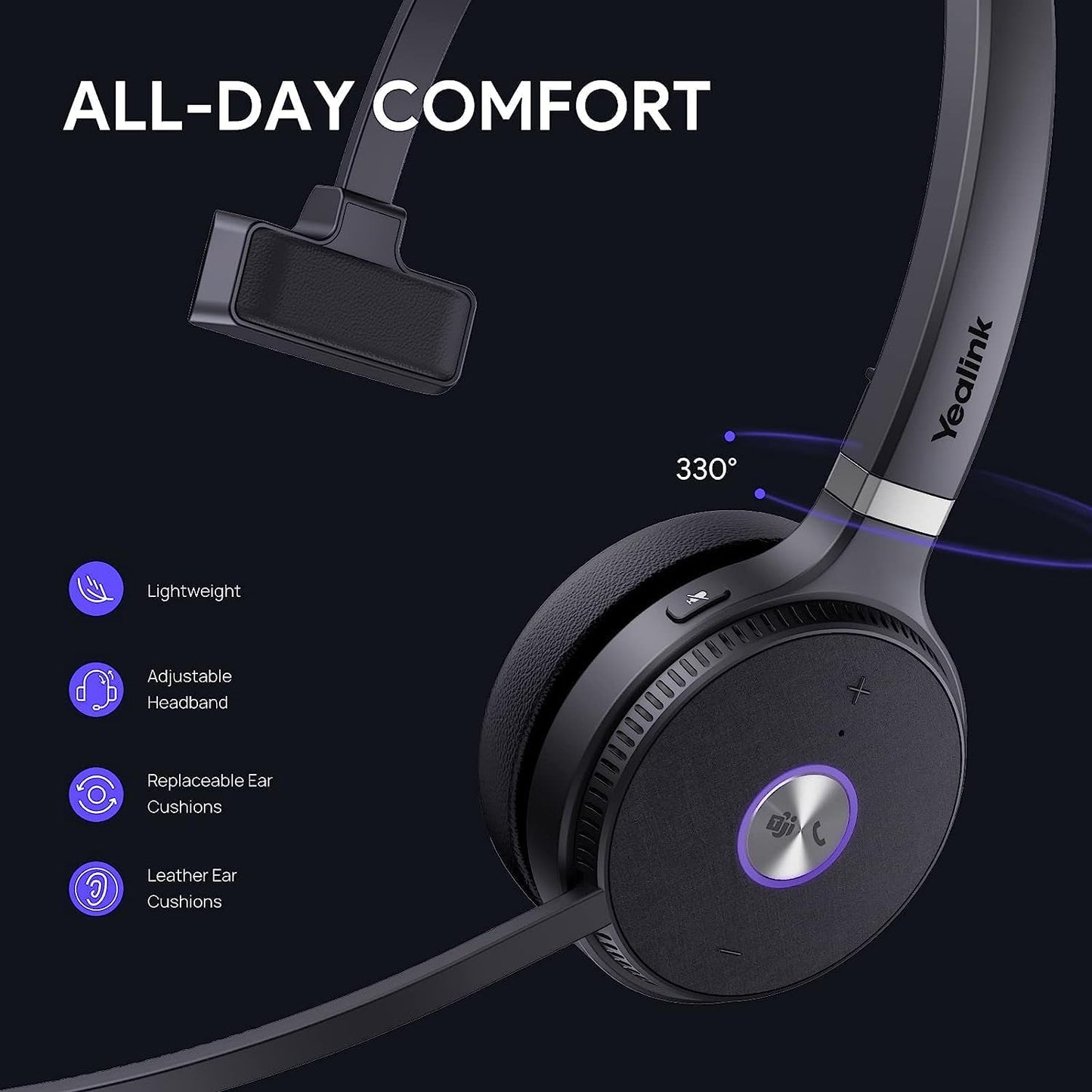 Yealink WH62 Mono wireless headset with adjustable headband and leather ear cushions for all-day comfort