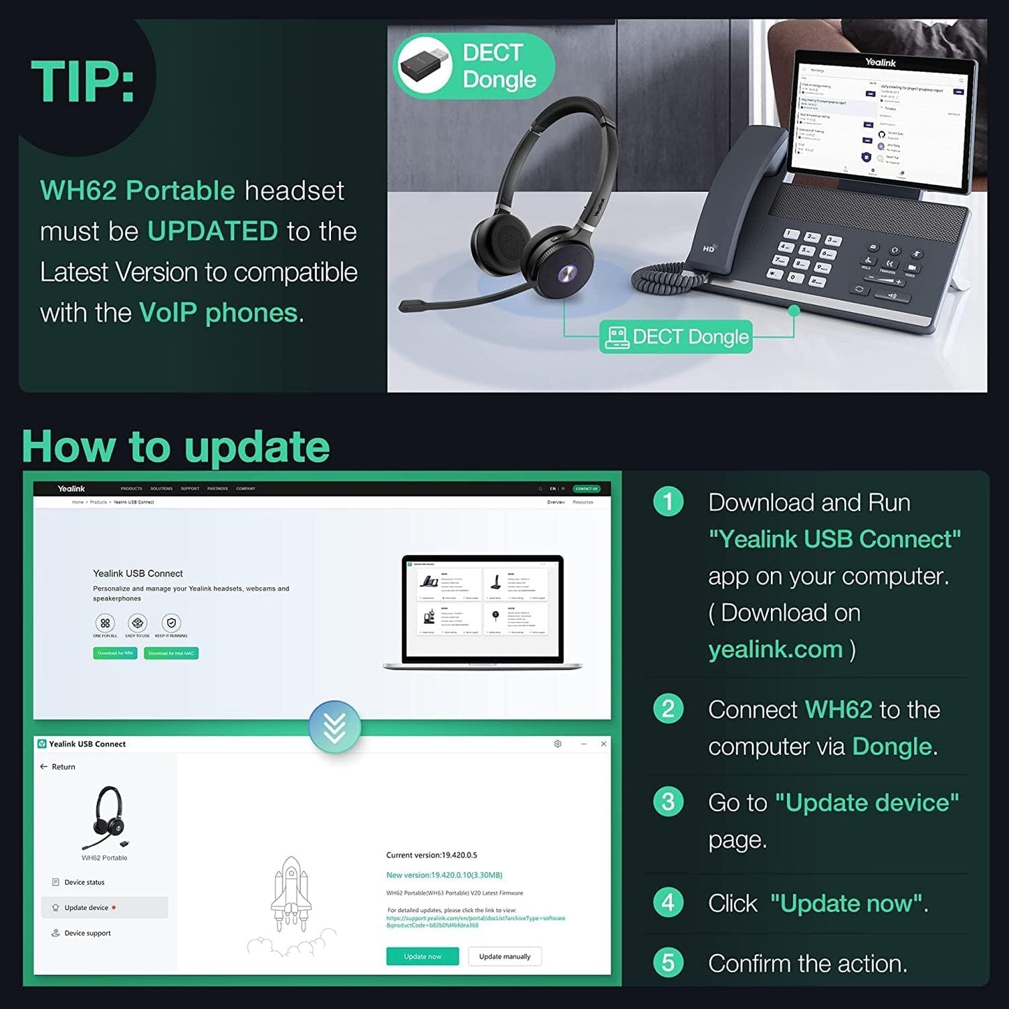 Yealink WH62 Mono wireless headset with DECT dongle and VoIP phone for seamless communication