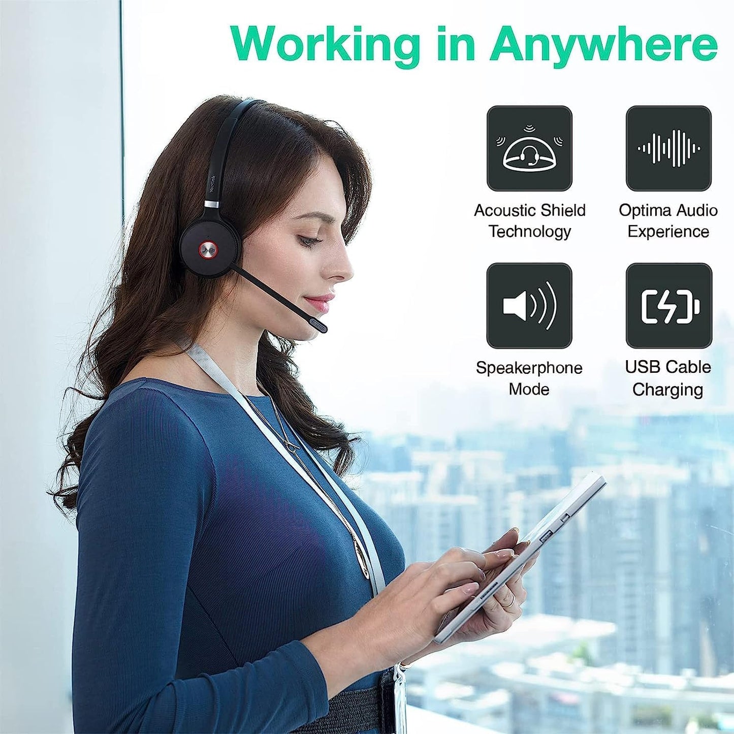 Yealink WH62 Mono wireless headset used by a woman for clear calls in a modern office setting