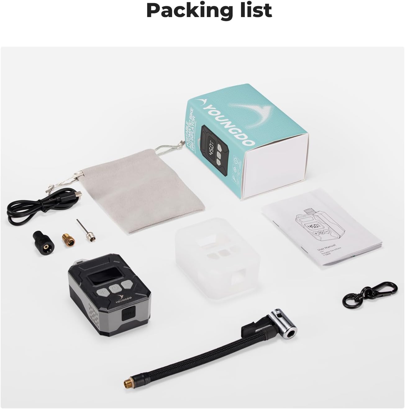 YoungDo digital mini bike pump with gauge and packing list including accessories and instruction manual