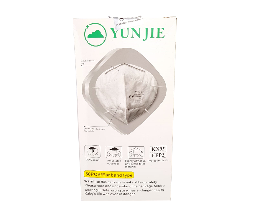 Yunjie FFP2 N95 face masks pack of 50 with adjustable ear bands for secure fit and protection