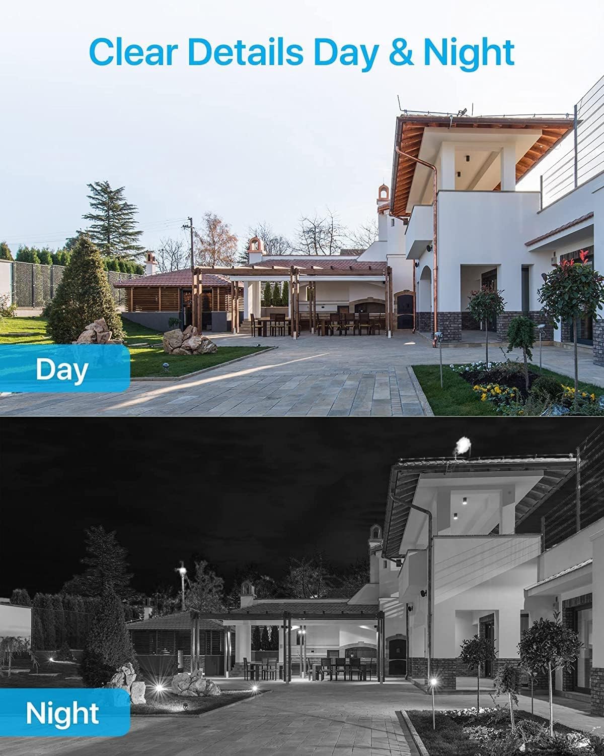 Zosi 16 channel CCTV system with hard drive showing clear details of a house during day and night