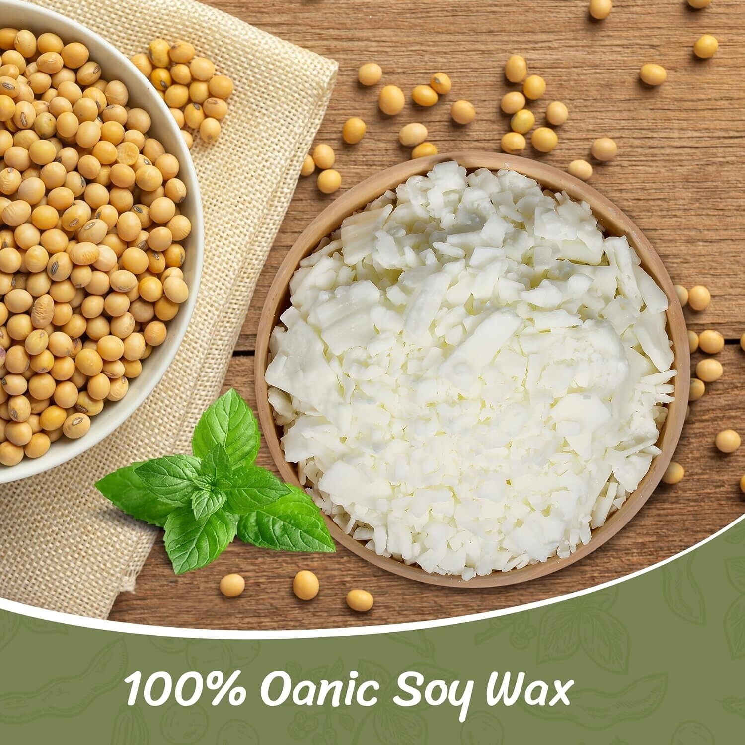 Soy wax flakes for candle making in a bowl beside raw soybeans on a wooden surface