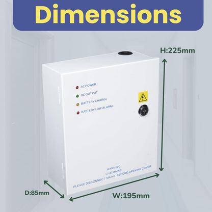 12v power supply with metal lockable box displaying AC power and battery indicators