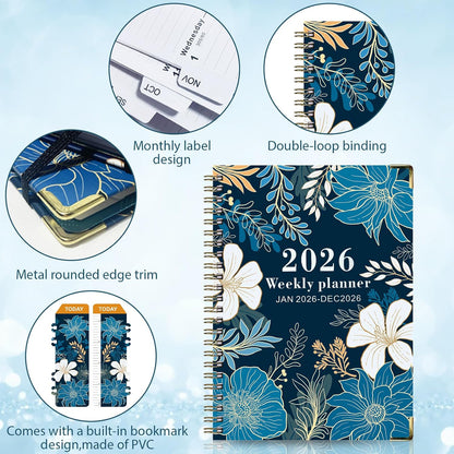 2026 week to view diary A5 with floral design, double-loop binding, and built-in bookmark