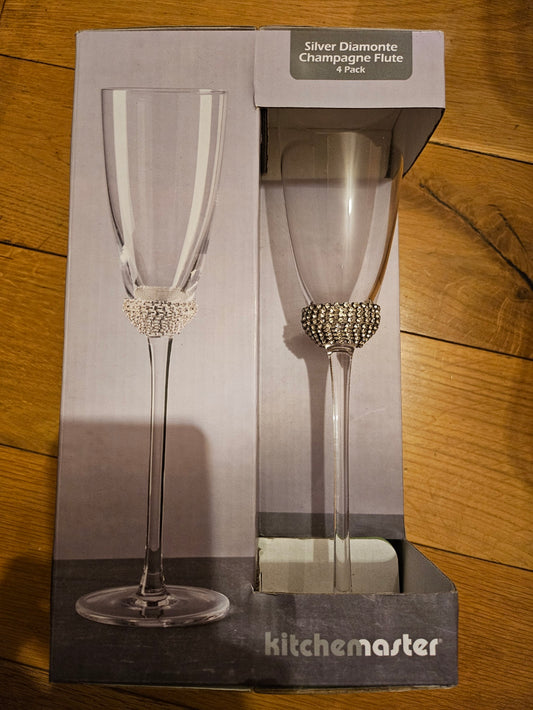 4 Pack Kitchen Master Silver Diamante Champagne Flute