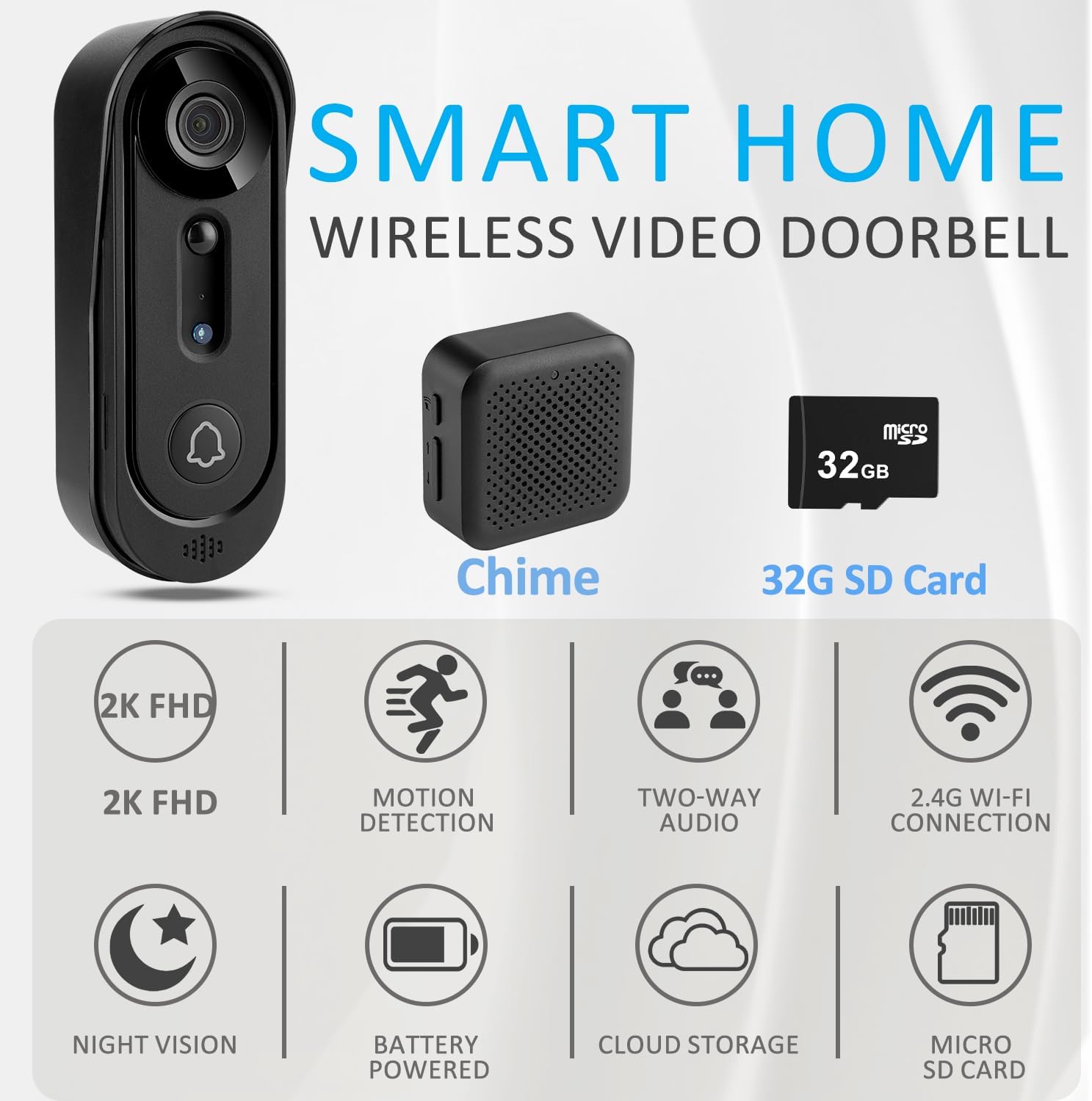 Rboxihen 2K wireless video doorbell camera with motion detection and night vision features