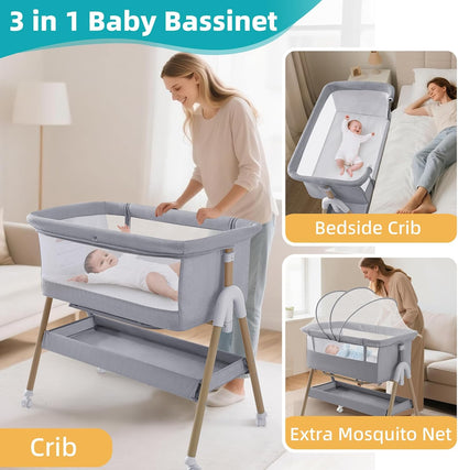 3 in 1 baby beside crib with mesh sides and mosquito net for safe sleeping and easy access