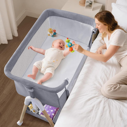 Cozydwells 3 in 1 baby beside crib in grey with soft mesh sides for safe sleeping and playtime