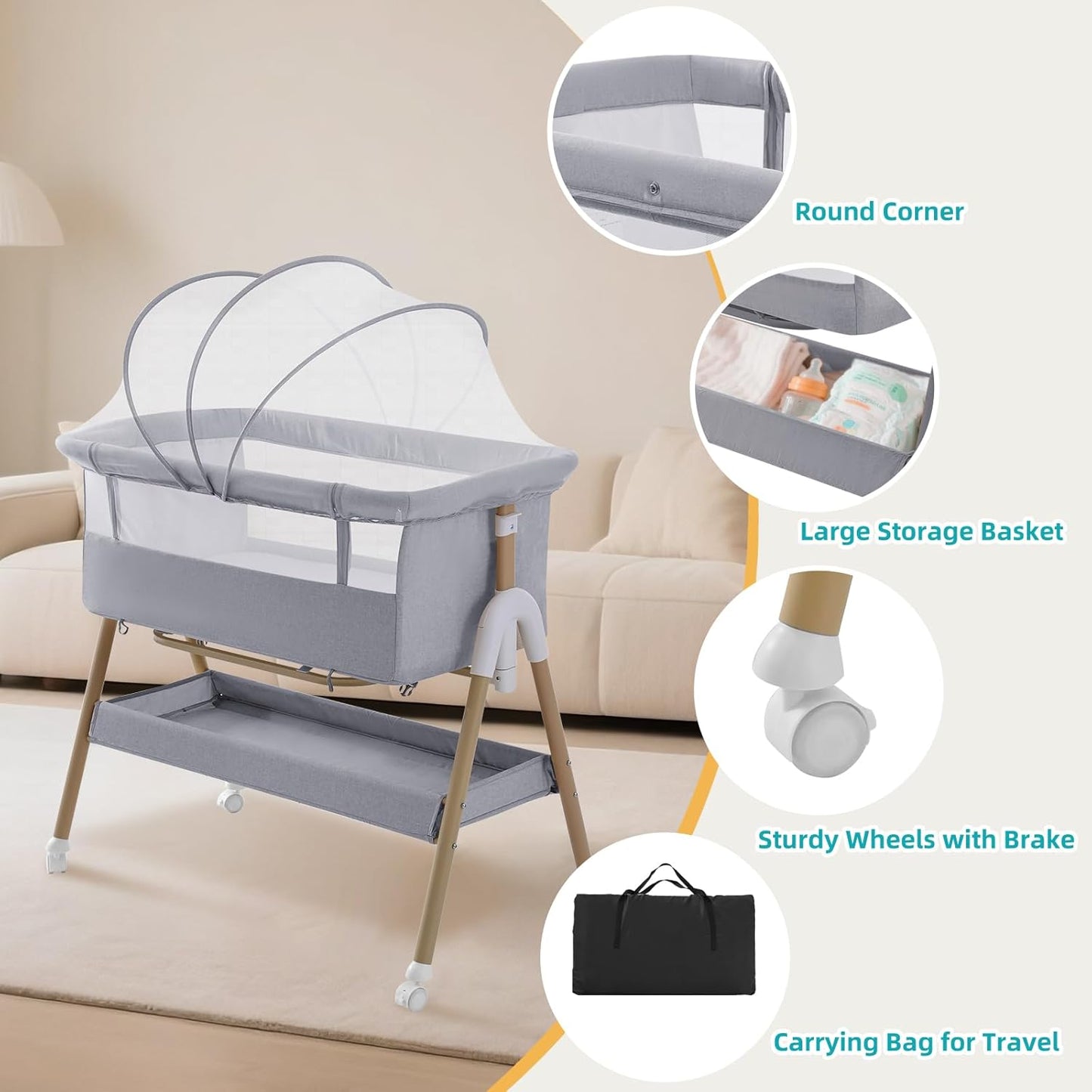 Cozydwells 3 in 1 baby beside crib with large storage basket and sturdy wheels for easy mobility